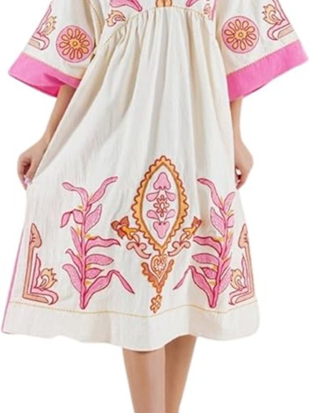 Floral Embroidered Baby Doll Dress with V-Neck and 3/4 Sleeves Oversized Medium